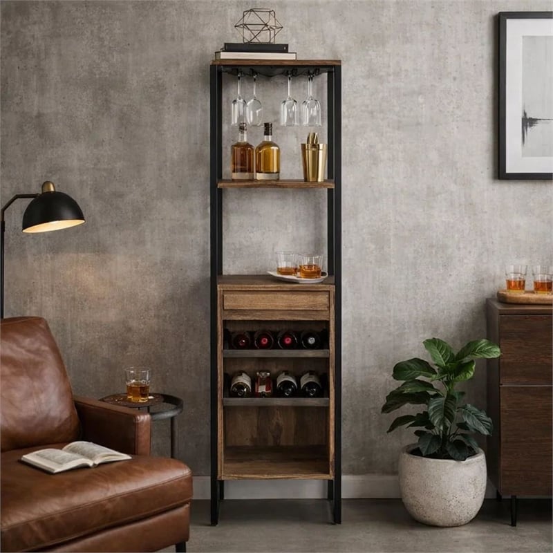 Nery Wine Rack with 1 Drawer and 3 Shelves- 69 Inch- Weathered Oak Brown