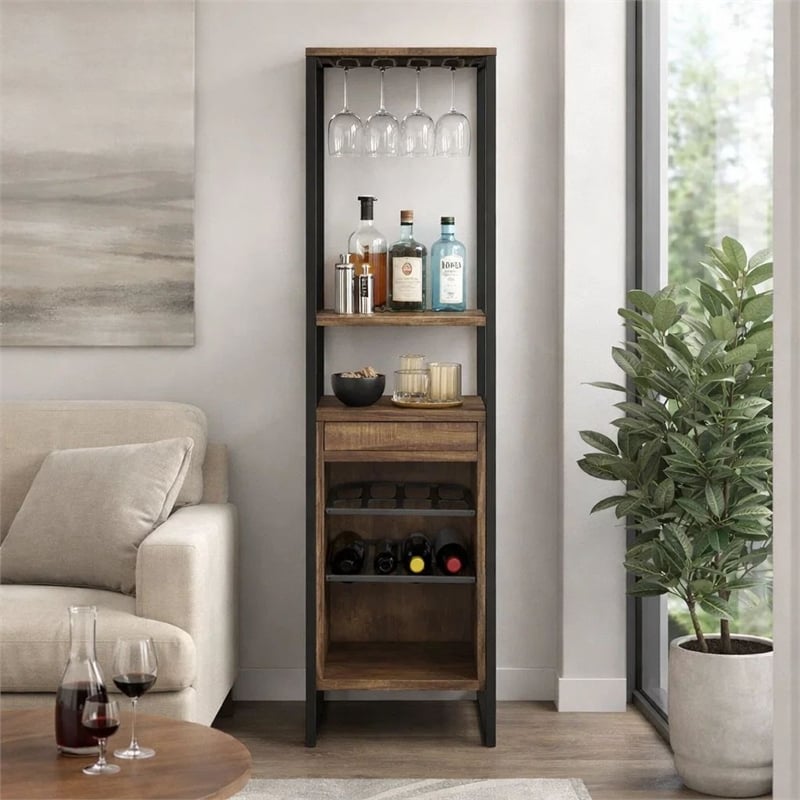 Nery Wine Rack with 1 Drawer and 3 Shelves- 69 Inch- Weathered Oak Brown