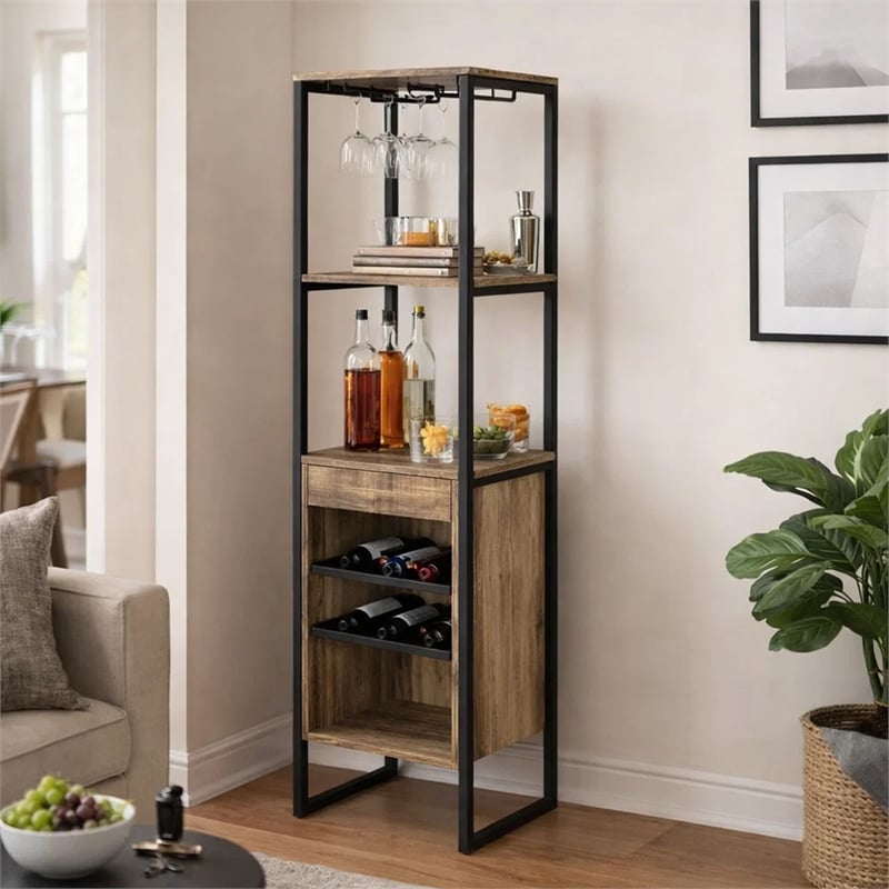 Nery Wine Rack with 1 Drawer- 3 Shelves- 70 Inch Tall- Weathered Oak Brown