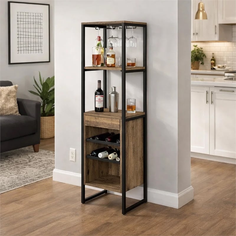 Nery Wine Rack with 1 Drawer- 3 Shelves- 70 Inch Tall- Weathered Oak Brown