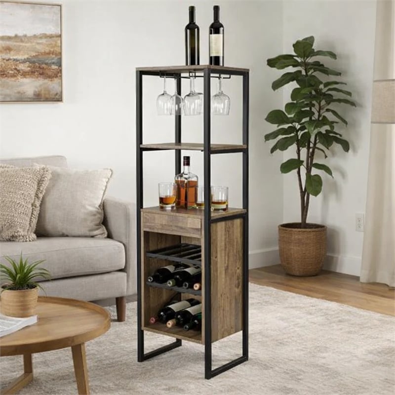 Nery Wine Rack with 1 Drawer- 3 Shelves- 70 Inch Tall- Weathered Oak Brown