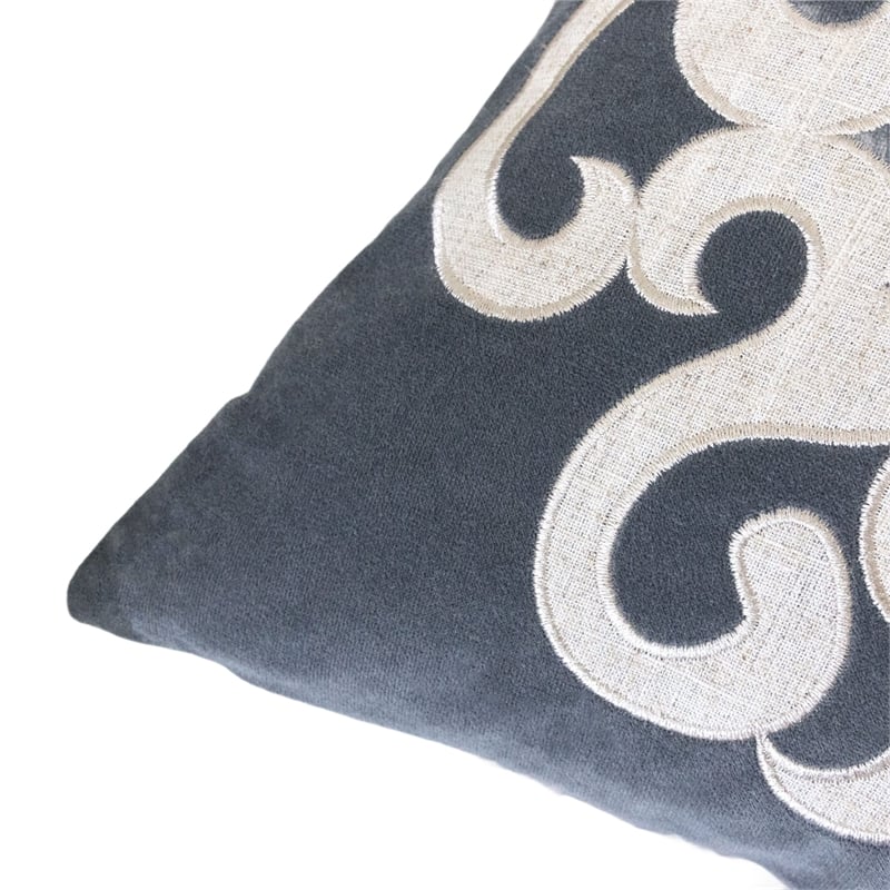 Dery Throw Pillow- Vintage Vine Accented Gray Velvet- 20 Inch Square