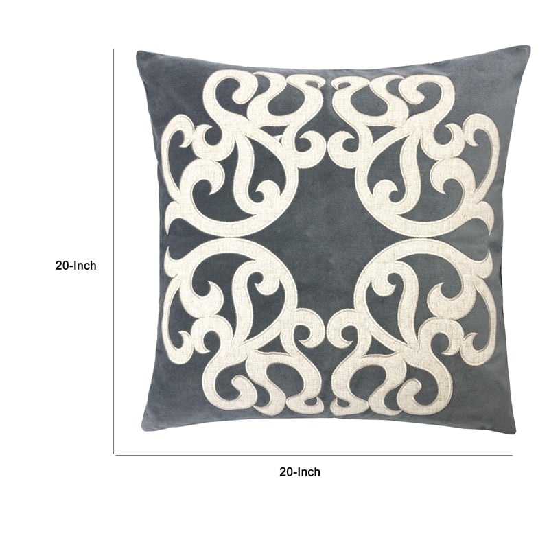 Dery Throw Pillow- Vintage Vine Accented Gray Velvet- 20 Inch Square