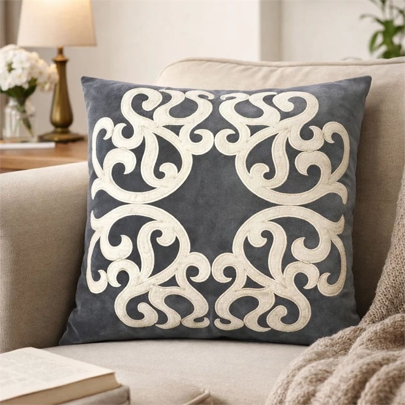 Dery Throw Pillow- Vintage Vine Accented Gray Velvet- 20 Inch Square