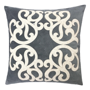 Dery Throw Pillow- Vintage Vine Accented Gray Velvet- 20 Inch Square