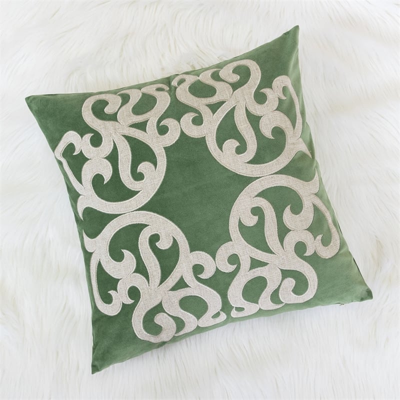 Dery Throw Pillow- Vintage Vine Accented Green Velvet- 20 Inch Square