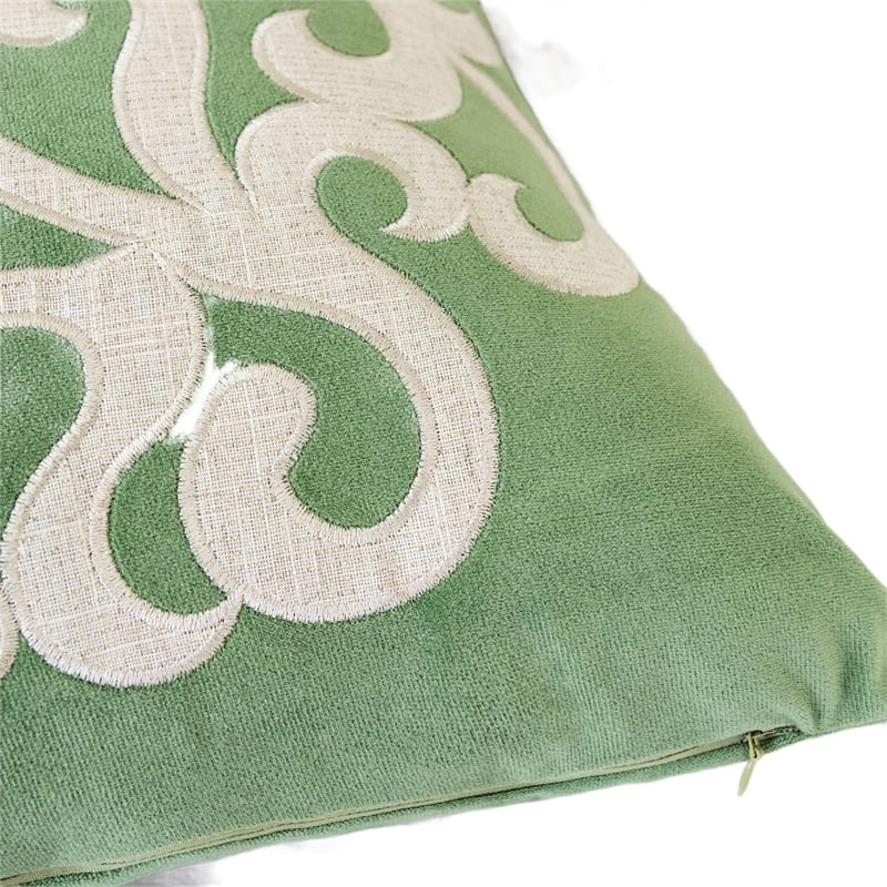 Dery Throw Pillow- Vintage Vine Accented Green Velvet- 20 Inch Square