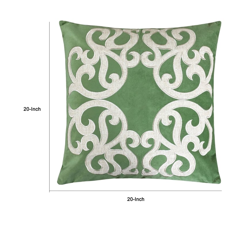 Dery Throw Pillow- Vintage Vine Accented Green Velvet- 20 Inch Square