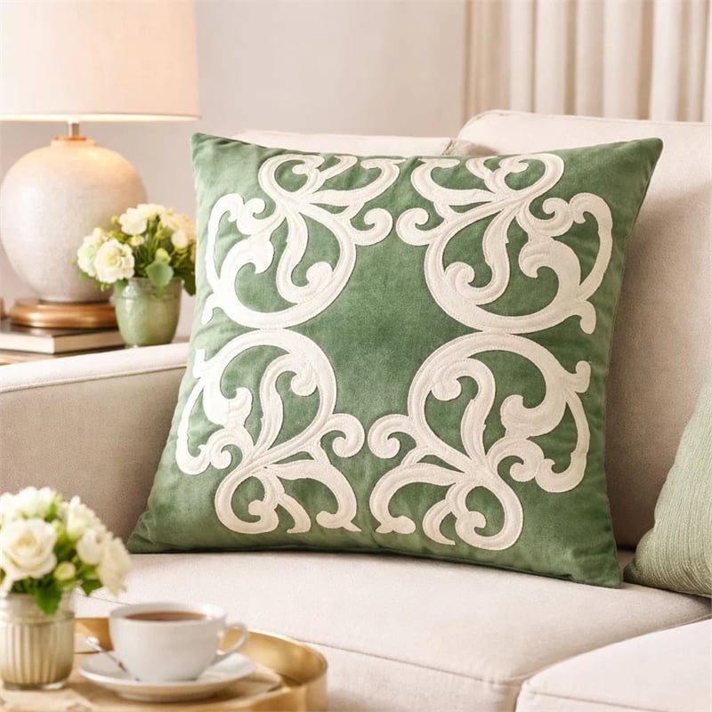 Dery Throw Pillow- Vintage Vine Accented Green Velvet- 20 Inch Square