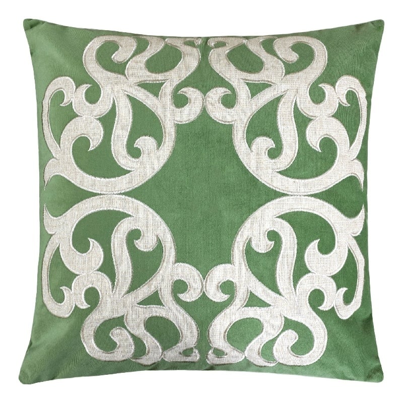 Dery Throw Pillow- Vintage Vine Accented Green Velvet- 20 Inch Square