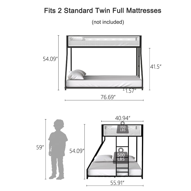 Ady Low Profile Twin Over Full Bunk Bed with Mesh Guardrail- Black Metal