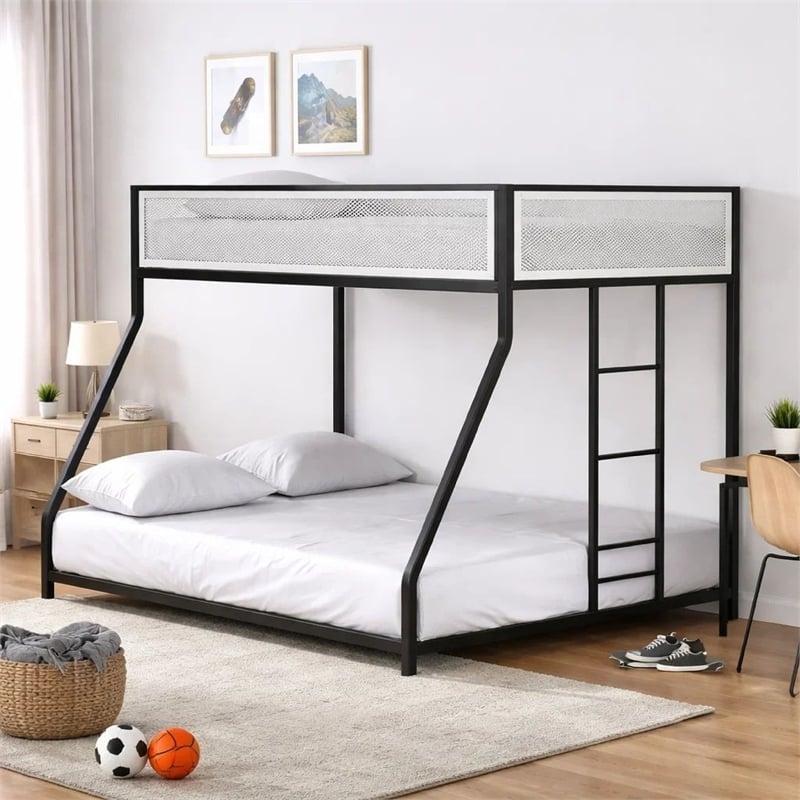 Ady Low Profile Twin Over Full Bunk Bed with Mesh Guardrail- Black Metal