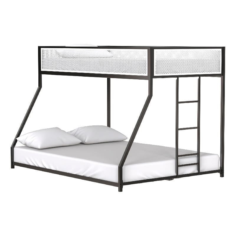 Ady Low Profile Twin Over Full Bunk Bed with Mesh Guardrail- Black Metal