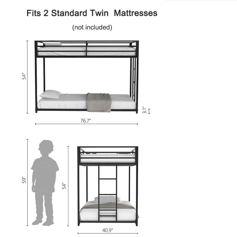 Ady Low Profile Twin Over Twin Bunk Bed with Ladder- Black Metal Frame