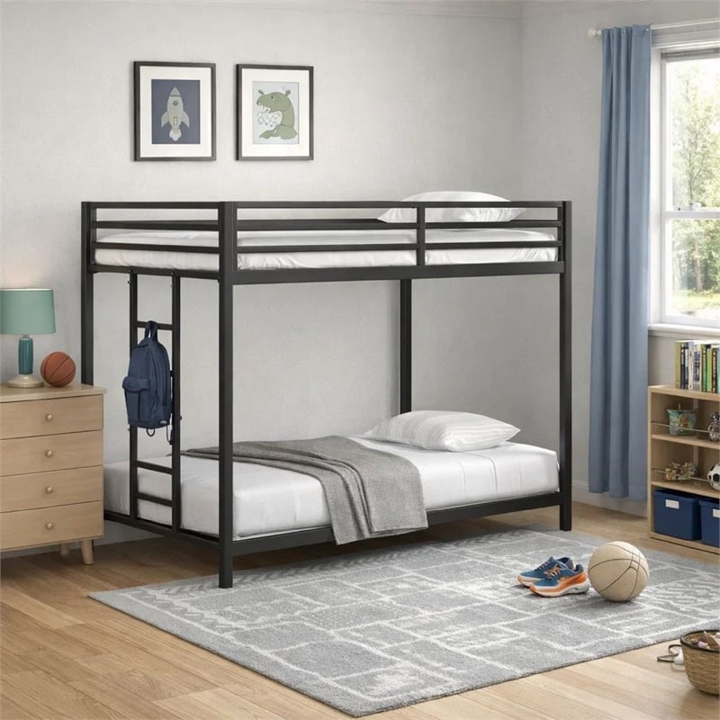 Ady Low Profile Twin Over Twin Bunk Bed with Ladder- Black Metal Frame