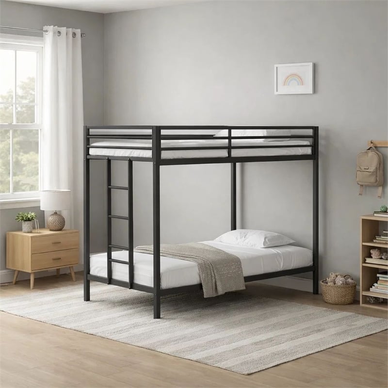 Ady Low Profile Twin Over Twin Bunk Bed with Ladder- Black Metal Frame