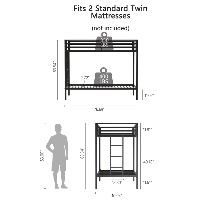 Ady Twin Over Twin Bunk Bed with Ladder and Guardrails- Black Metal Frame