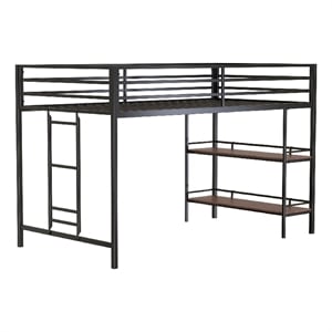 Ady Twin Size Loft Bed with Ladder and 2 Wood Shelves- Black Metal Frame
