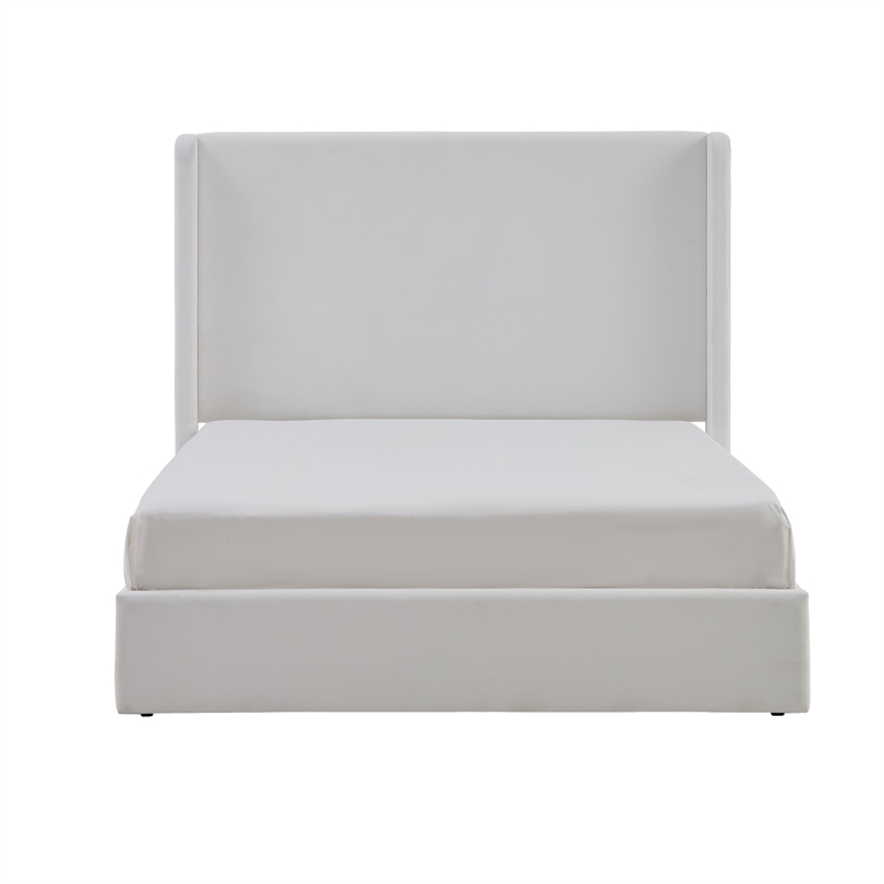 Cery King Size Bed with High Wingback Headboard- White Velvet Upholstery