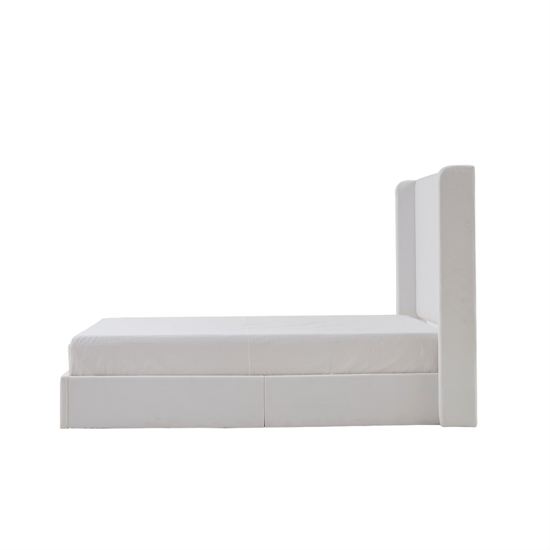 Cery King Size Bed with High Wingback Headboard- White Velvet Upholstery