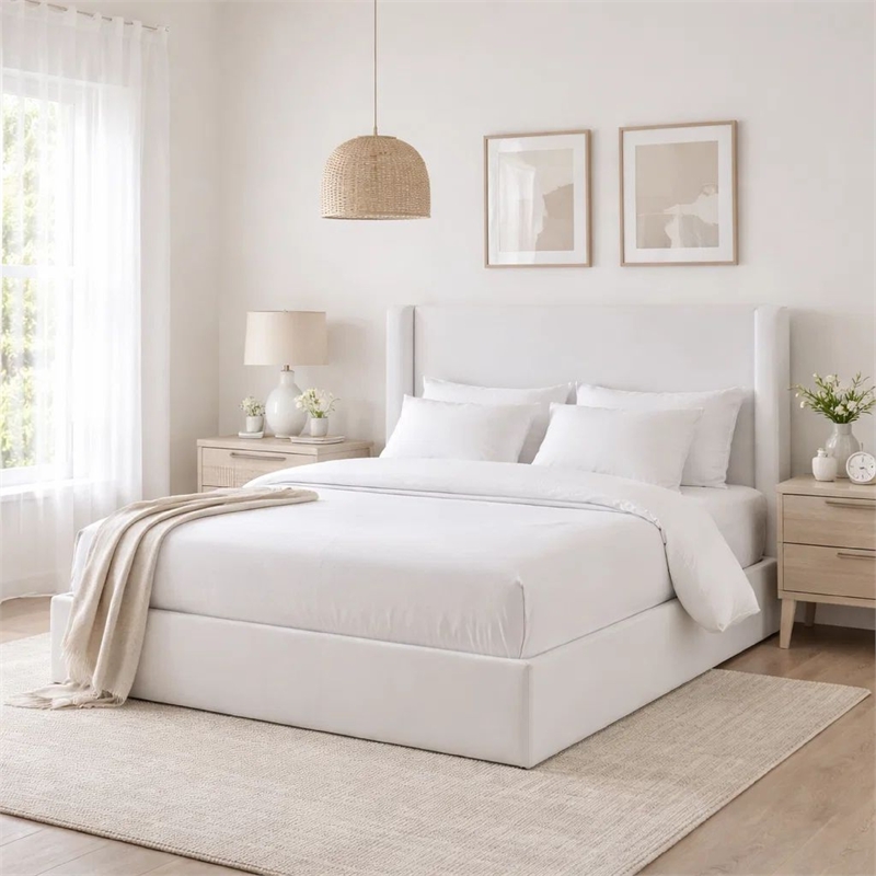 Cery King Size Bed with High Wingback Headboard- White Velvet Upholstery