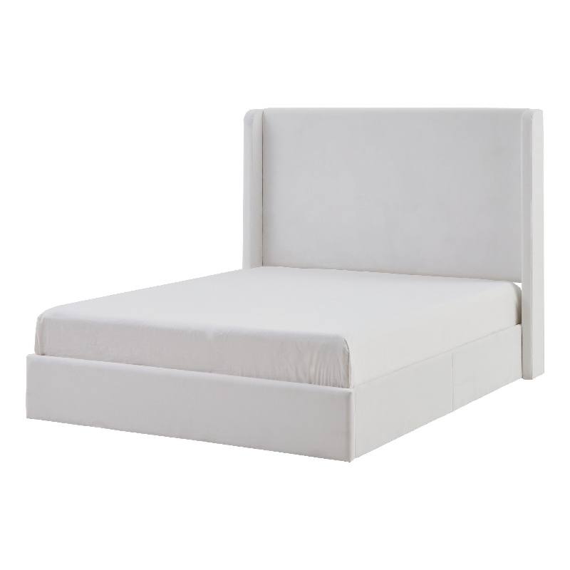Cery King Size Bed with High Wingback Headboard- White Velvet Upholstery