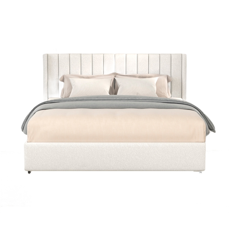 Deny Queen Size Bed- 2 Drawers- Channel Tufted Ivory Boucle Upholstery