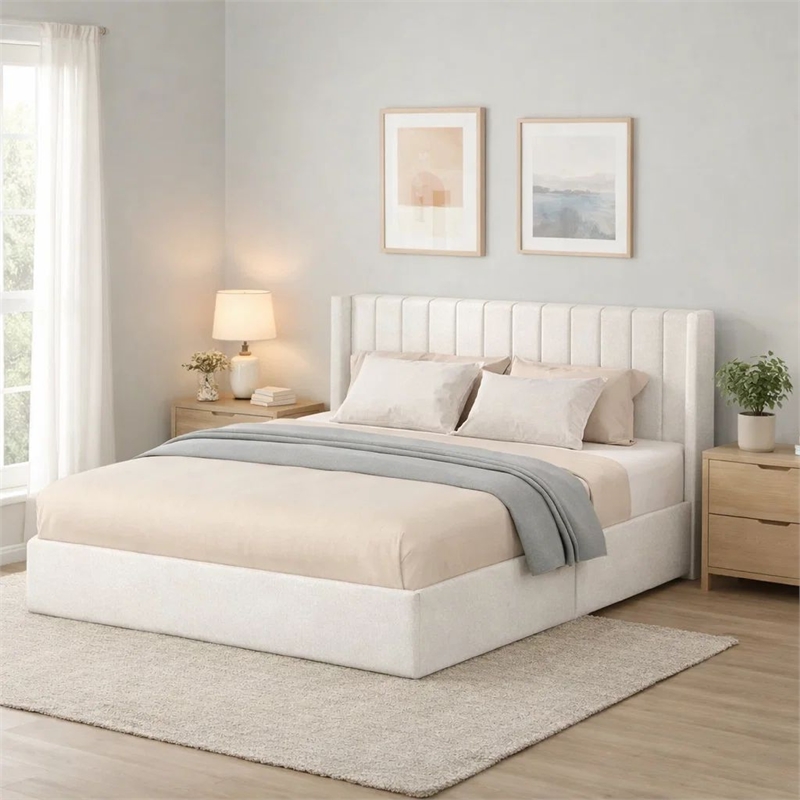 Deny Queen Size Bed- 2 Drawers- Channel Tufted Ivory Boucle Upholstery