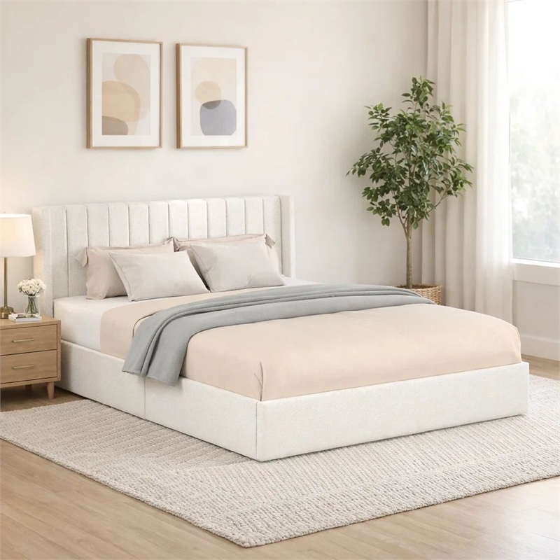 Deny Queen Size Bed- 2 Drawers- Channel Tufted Ivory Boucle Upholstery