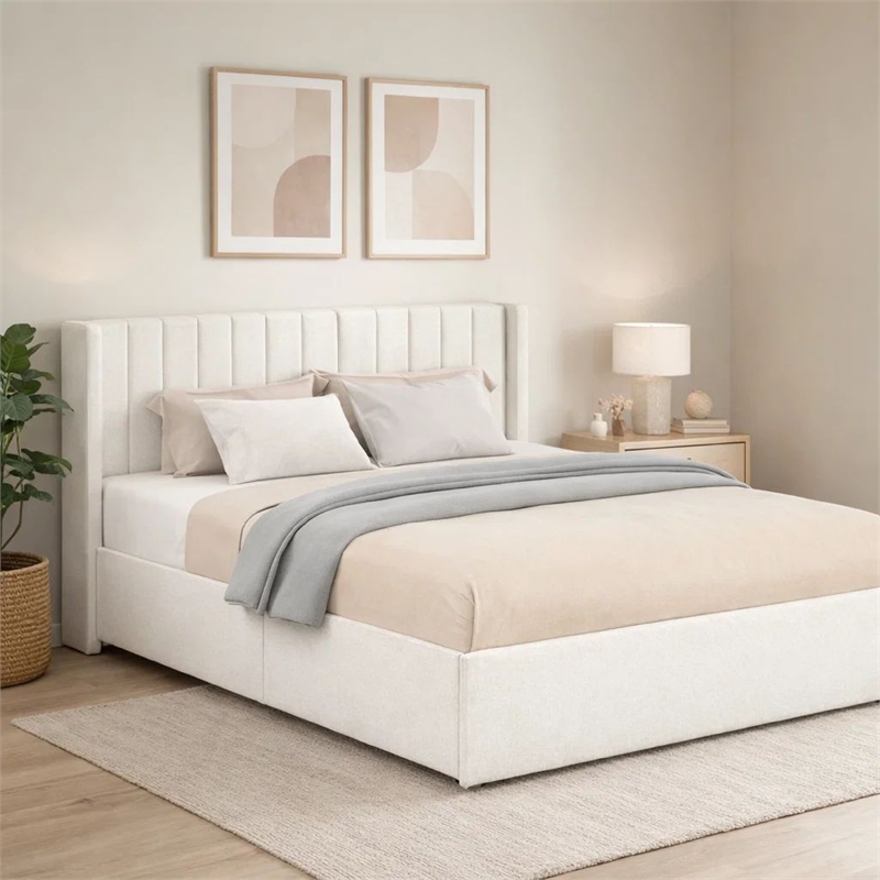 Deny Queen Size Bed- 2 Drawers- Channel Tufted Ivory Boucle Upholstery