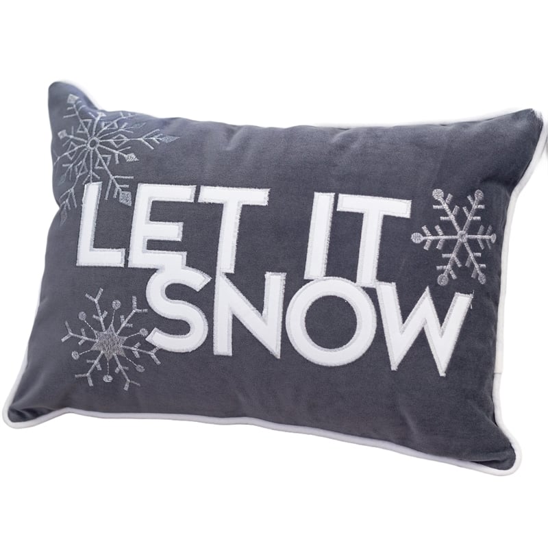Jiny Dark Lumbar Pillow- Let It Snow White Velvet Embroidery 14x20