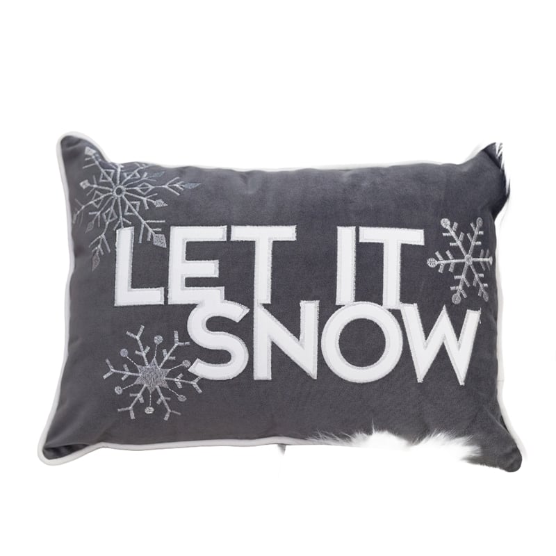 Jiny Dark Lumbar Pillow- Let It Snow White Velvet Embroidery 14x20