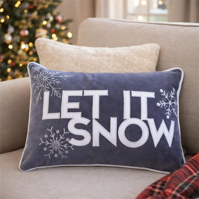 Jiny Dark Lumbar Pillow- Let It Snow White Velvet Embroidery 14x20