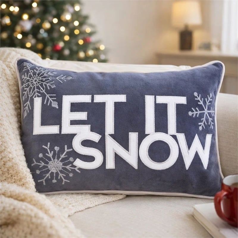 Jiny Dark Lumbar Pillow- Let It Snow White Velvet Embroidery 14x20
