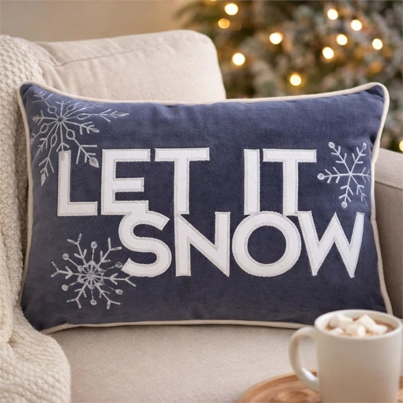 Jiny Dark Lumbar Pillow- Let It Snow White Velvet Embroidery 14x20