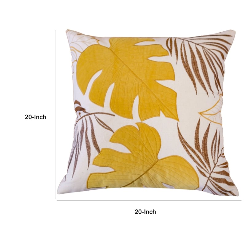 Lefy Accent Pillow Cover- Yellow Cover and White Leaf Vibes- 20 Inch Square
