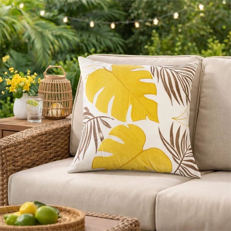 Lefy Accent Pillow Cover- Yellow Cover and White Leaf Vibes- 20 Inch Square