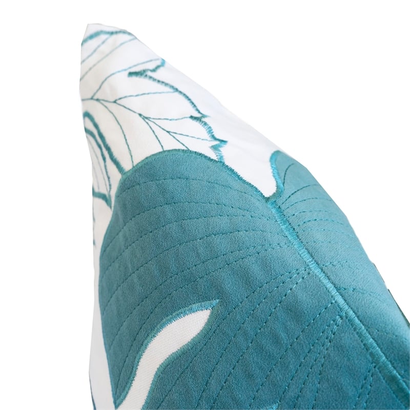 Lefy Accent Pillow- Blue Autumn Leaf Design on White Velvet- 20 Inch Square