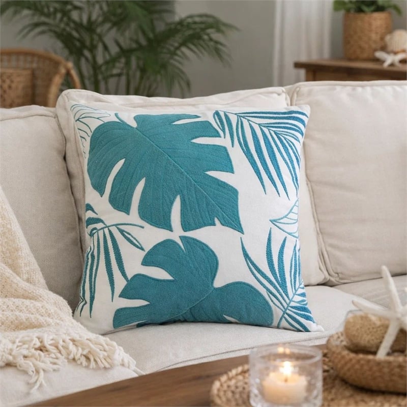 Lefy Accent Pillow- Blue Autumn Leaf Design on White Velvet- 20 Inch Square