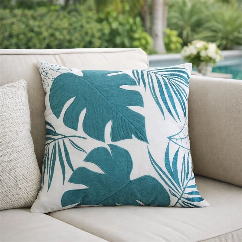 Lefy Accent Pillow- Blue Autumn Leaf Design on White Velvet- 20 Inch Square