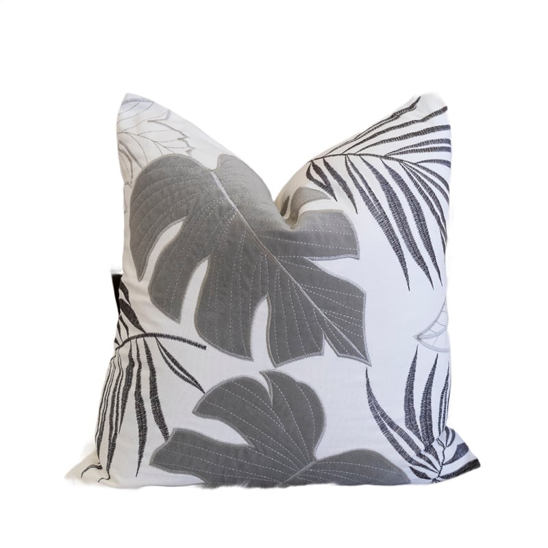 Lefy Accent Pillow- Gray Autumn Leaf Design on White Velvet- 20 Inch Square