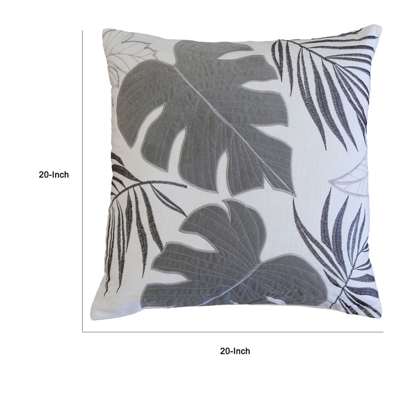 Lefy Accent Pillow- Gray Autumn Leaf Design on White Velvet- 20 Inch Square