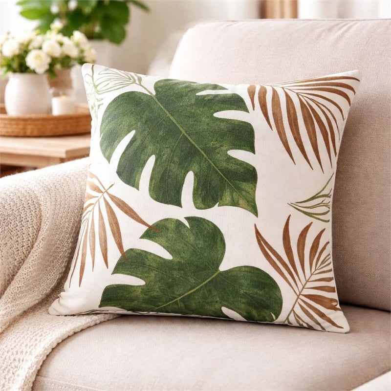 Lefy Accent Pillow- Green Autumn Leaf Design White Velvet- 20 Inch Square