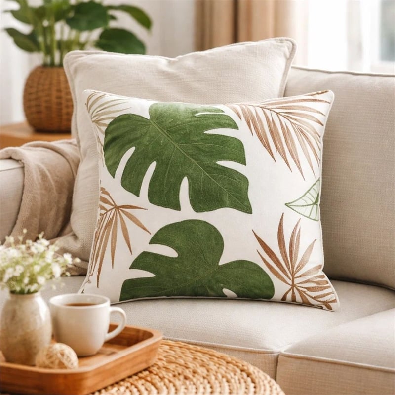 Lefy Accent Pillow- Green Autumn Leaf Design White Velvet- 20 Inch Square