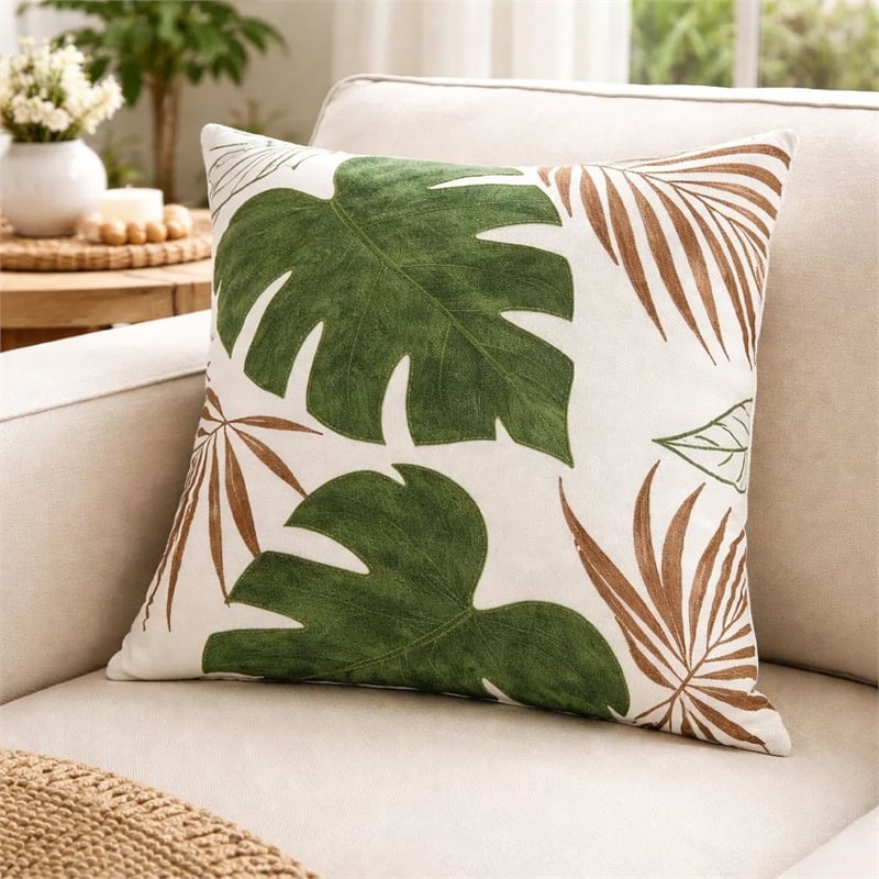 Lefy Accent Pillow- Green Autumn Leaf Design White Velvet- 20 Inch Square