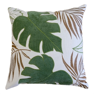 Lefy Accent Pillow- Green Autumn Leaf Design White Velvet- 20 Inch Square