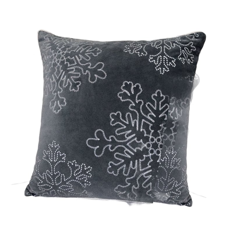 Rola Square Throw Pillow- Silver Snowflake Embroidery- Gray Velvet 20 Inch