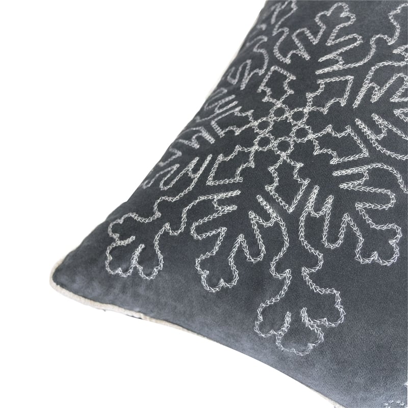 Rola Square Throw Pillow- Silver Snowflake Embroidery- Gray Velvet 20 Inch