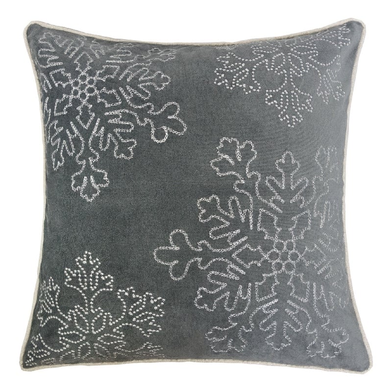 Rola Square Throw Pillow- Silver Snowflake Embroidery- Gray Velvet 20 Inch