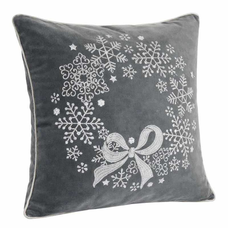Rola Square Throw Pillow- Snowflake Wreath Embroidery- Gray Velvet 20 Inch